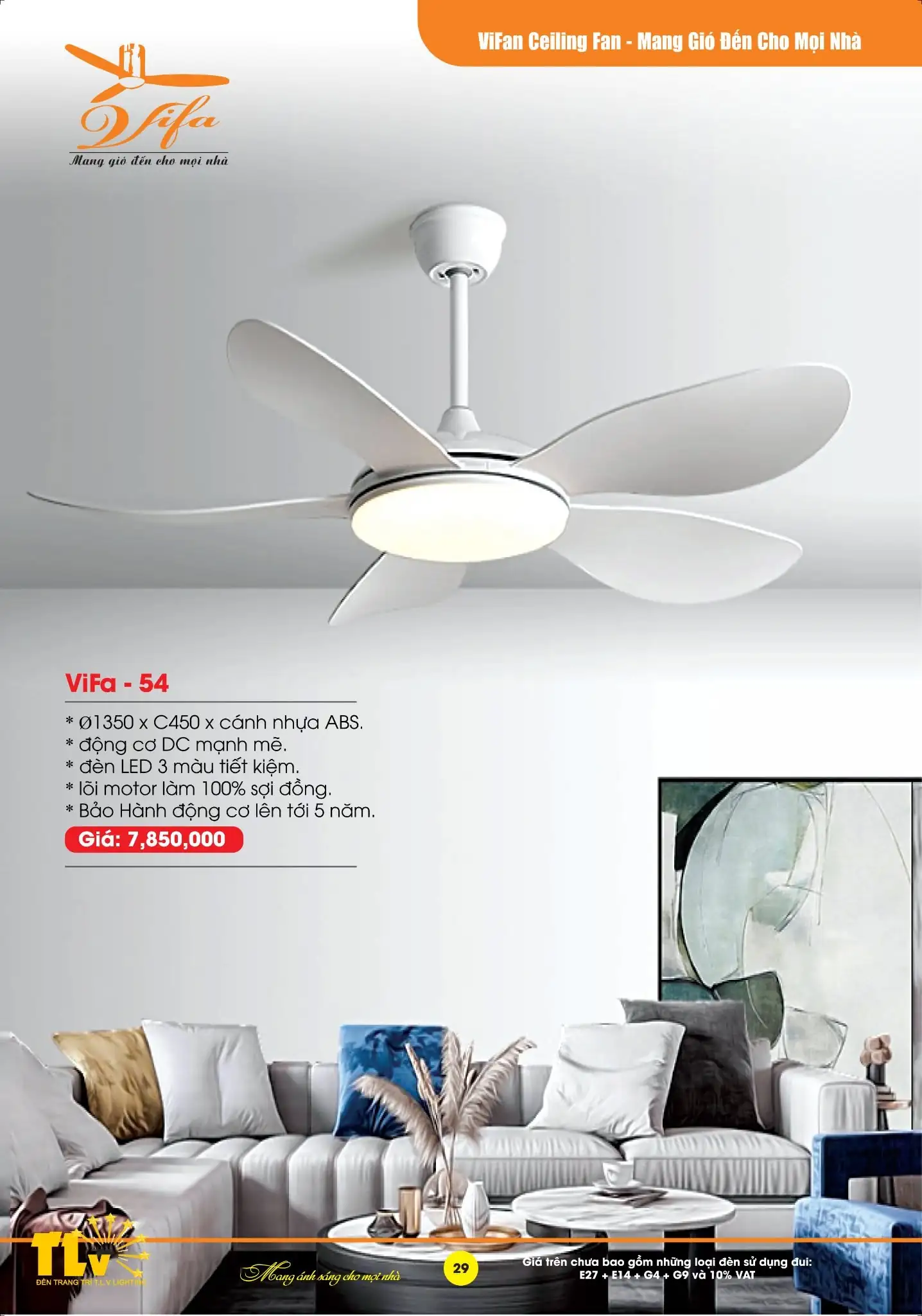 Quạt Trần Đèn ViFa - 54 Hiện Đại 5 Cánh Màu Trắng Tinh Tế | TLV