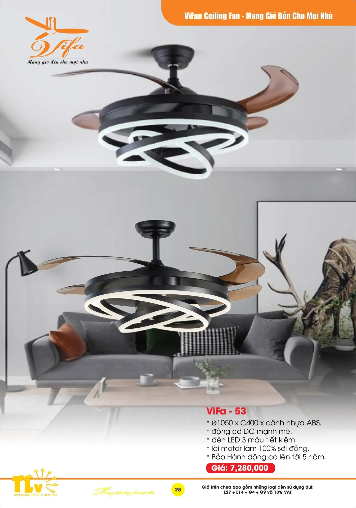 Quạt Trần Đèn ViFa - 53 Hiện Đại Cánh Cụp Xòe Thông Minh | TLV